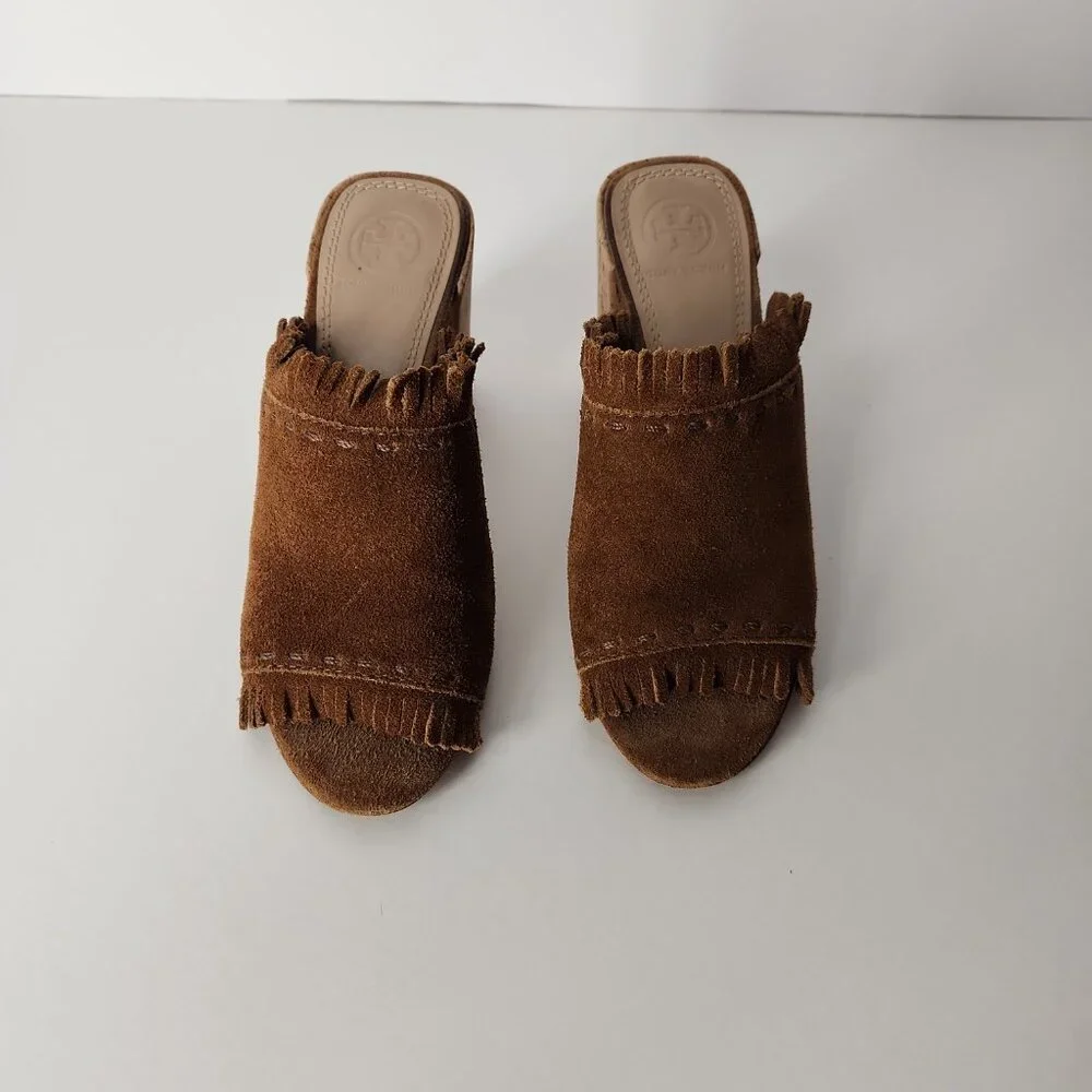 Tory Burch Huntington Festival Brown suede fringe mule sandal heel shoes 5.5 M